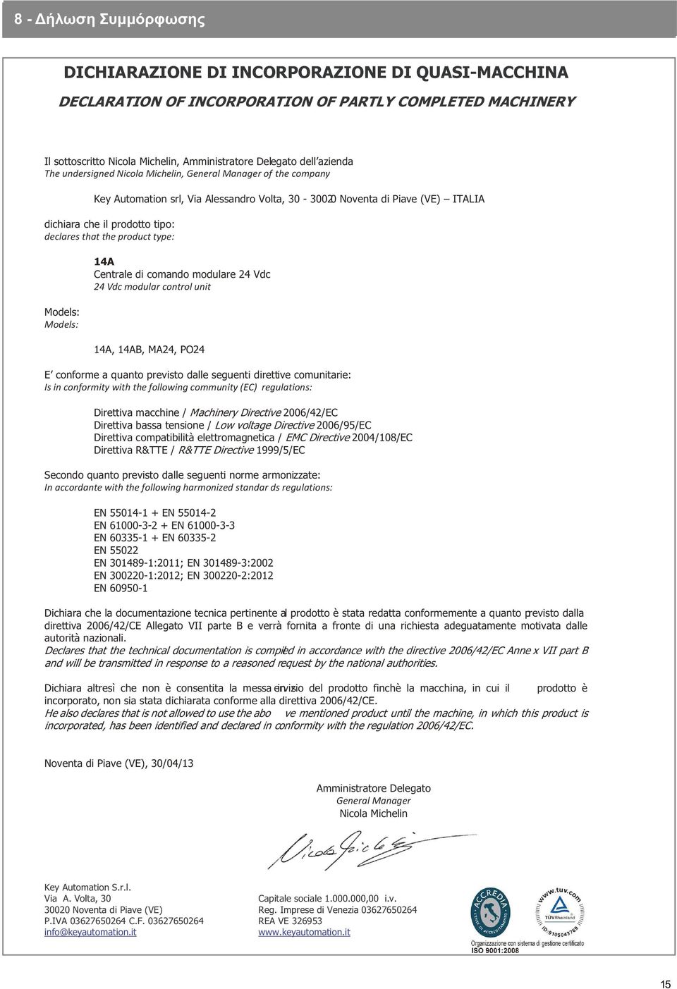 type: 4A Centrale di comando modulare 4 Vdc 4 Vdc modular control unit Models: Models: 4A, 4AB, MA4, PO4 E conforme a quanto previsto dalle seguenti direttive comunitarie: Is in conformity with the