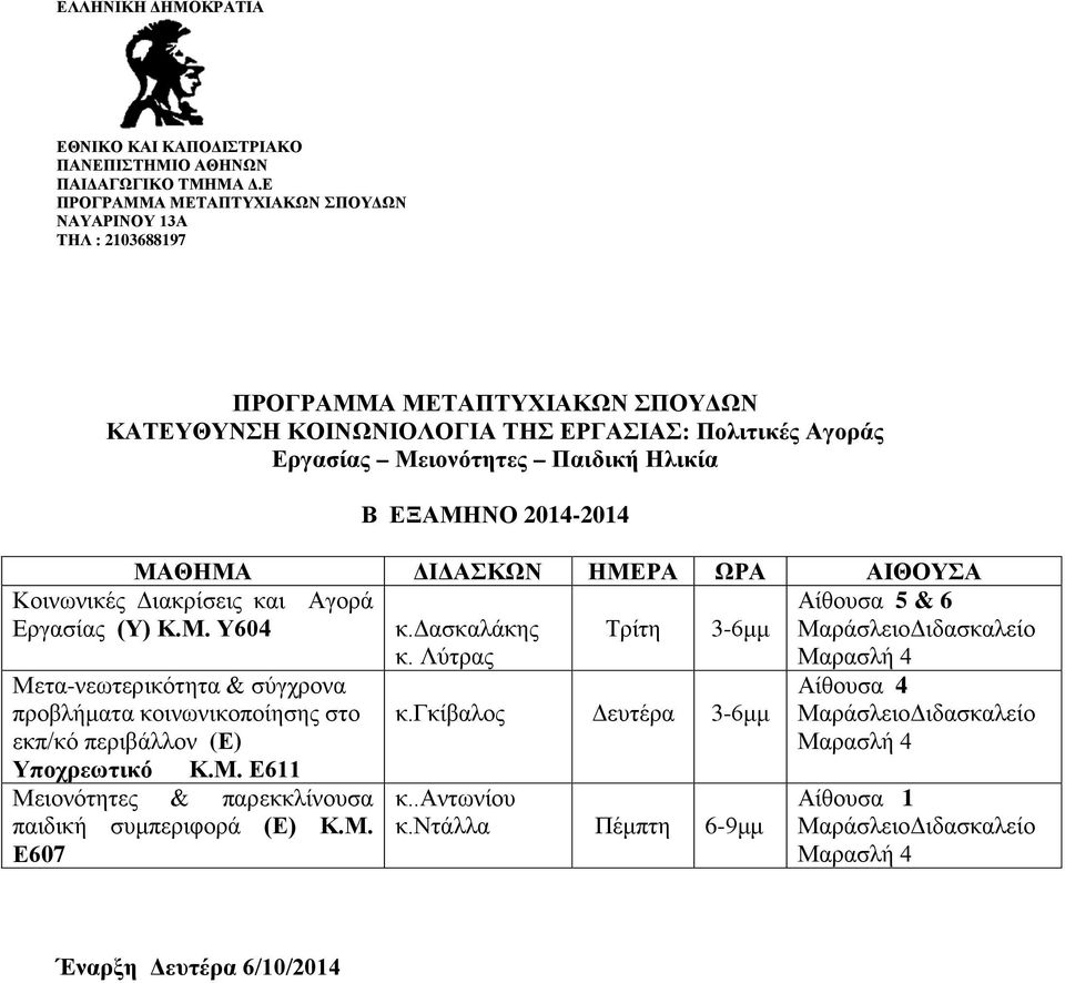 Υ604 Μετα-νεωτερικότητα & σύγχρονα προβλήματα κοινωνικοποίησης στο εκπ/κό περιβάλλον (Ε) Υποχρεωτικό Κ.Μ. Ε611 Μειονότητες & παρεκκλίνουσα παιδική συμπεριφορά (Ε) Κ.