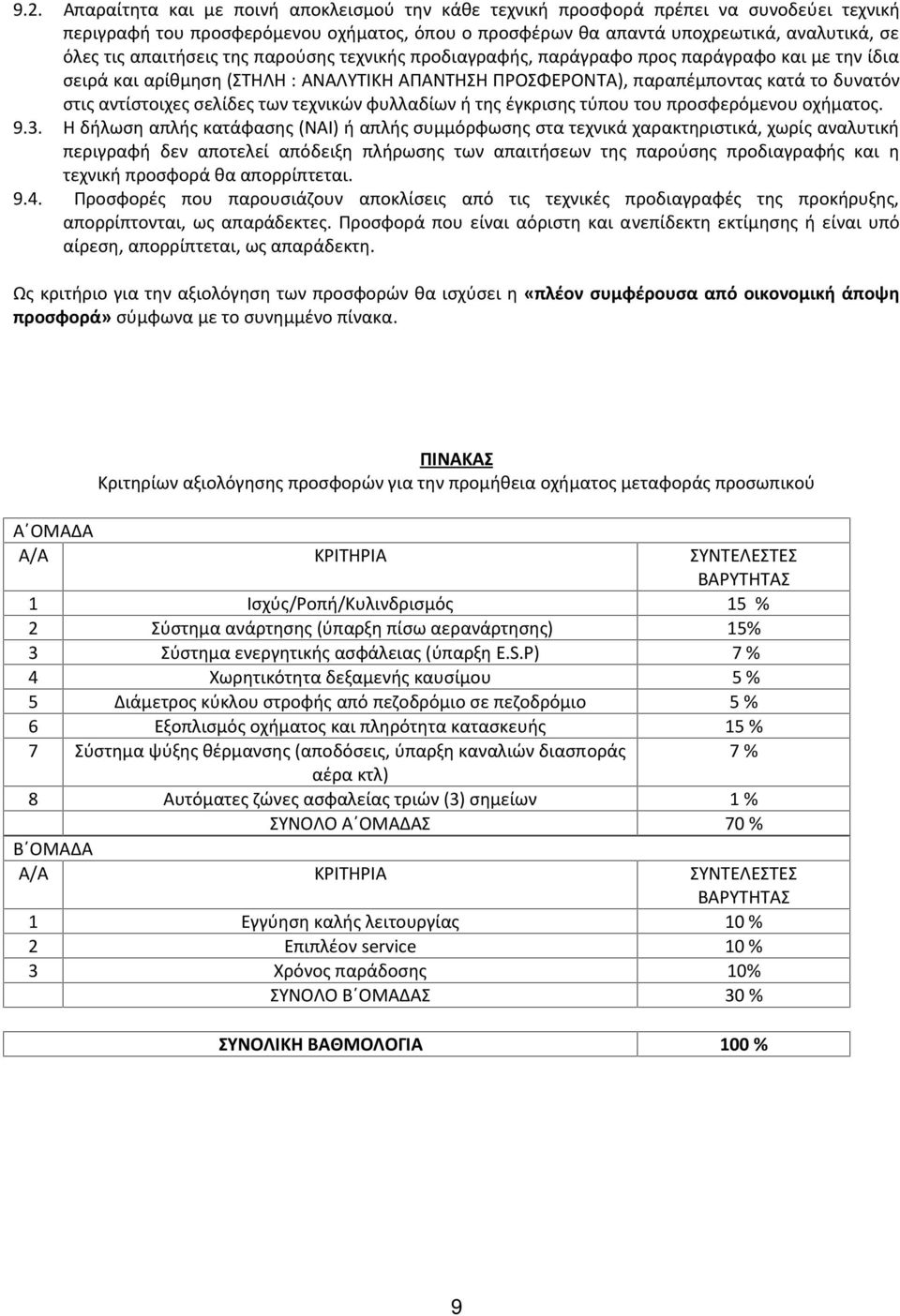 σελίδες των τεχνικών φυλλαδίων ή της έγκρισης τύπου του προσφερόμενου οχήματος. 9.3.