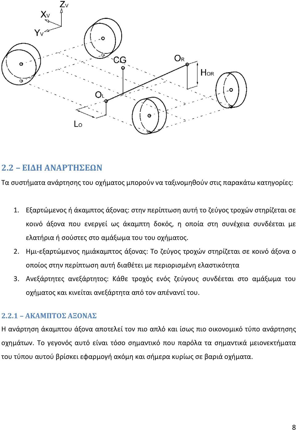 οχήματος. 2. Ημι-εξαρτώμενος ημιάκαμπτος άξονας: Το ζεύγος τροχών στηρίζεται σε κοινό άξονα ο οποίος στην περίπτωση αυτή διαθέτει με περιορισμένη ελαστικότητα 3.