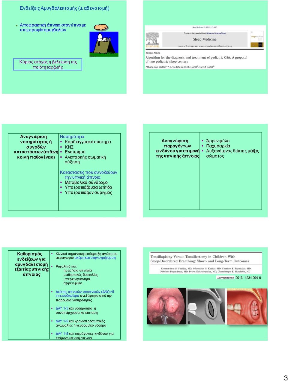 άπνοια Mεταβολικό σύνδρομο Υποτροπιάζουσα ωτίτιδα Υποτροπιάζων συριγμός Καθορισμός ενδείξεων για αμυγδαλεκτομή εξαιτίας υπνικής άπνοιας Κλινικά σημαντική απόφραξη ανώτερου αεραγωγού ακόμη και στην