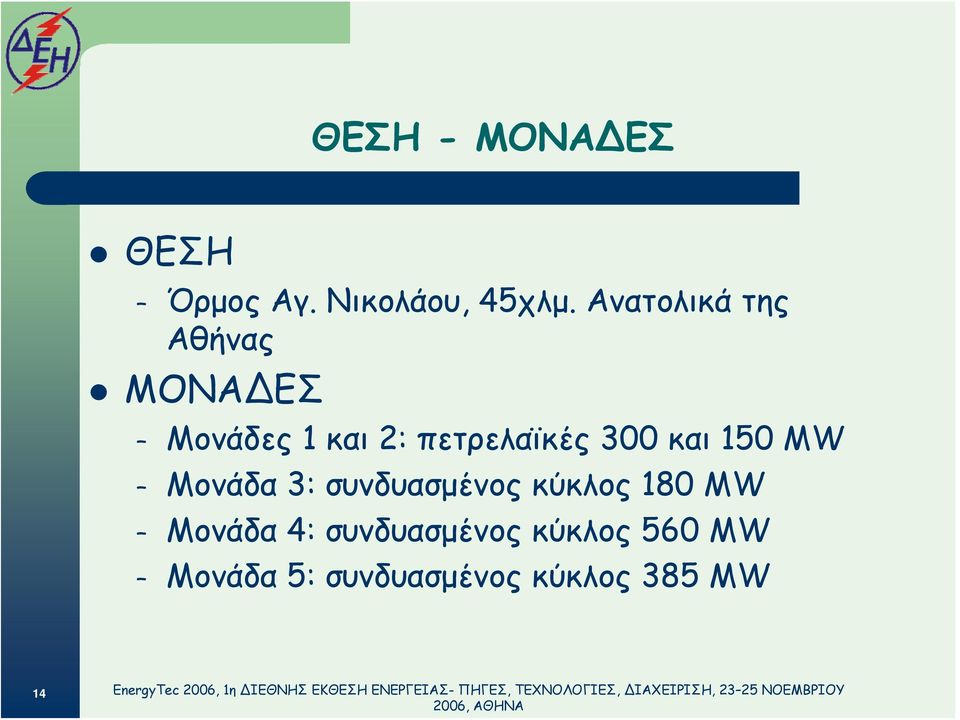 300 και 150 MW Μονάδα 3: συνδυασμένος κύκλος 180 MW Μονάδα