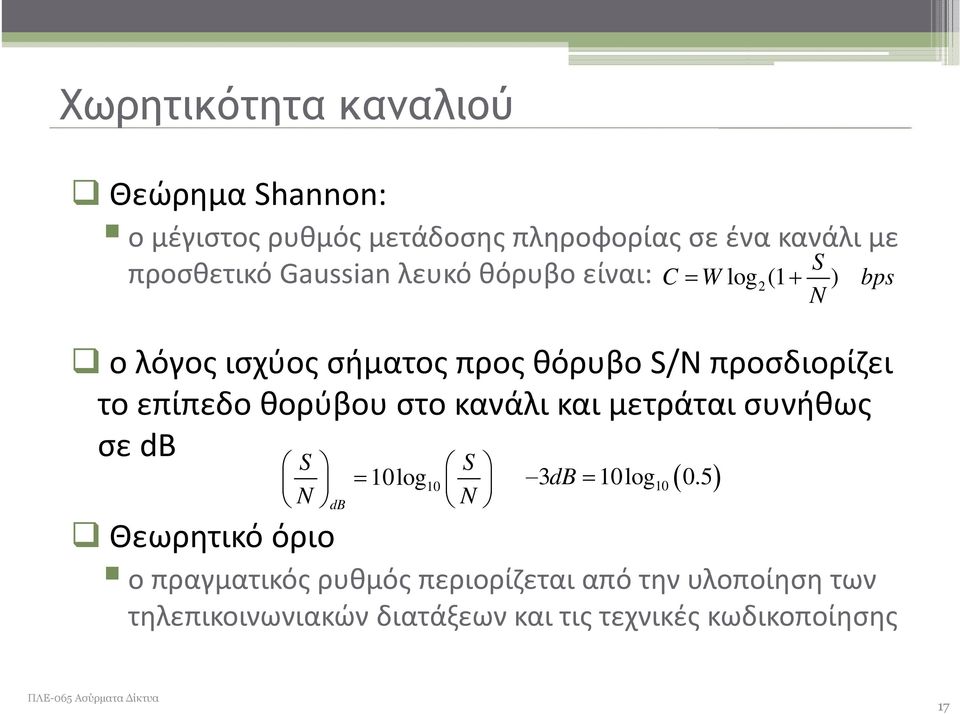 θορύβου στο κανάλι και μετράται συνήθως σε db Θεωρητικό όριο S S 10log 10 N N 3 db 10log10 05 0.