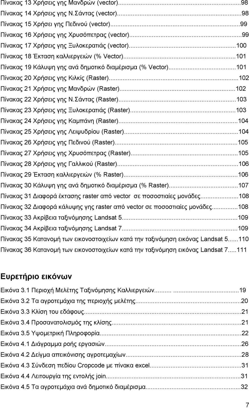 ..101 Πίνακας 20 Χρήσεις γης Κιλκίς (Raster)...102 Πίνακας 21 Χρήσεις γης Μανδρών (Raster)...102 Πίνακας 22 Χρήσεις γης Ν.Σάντας (Raster)...103 Πίνακας 23 Χρήσεις γης Ξυλοκερατιάς (Raster).