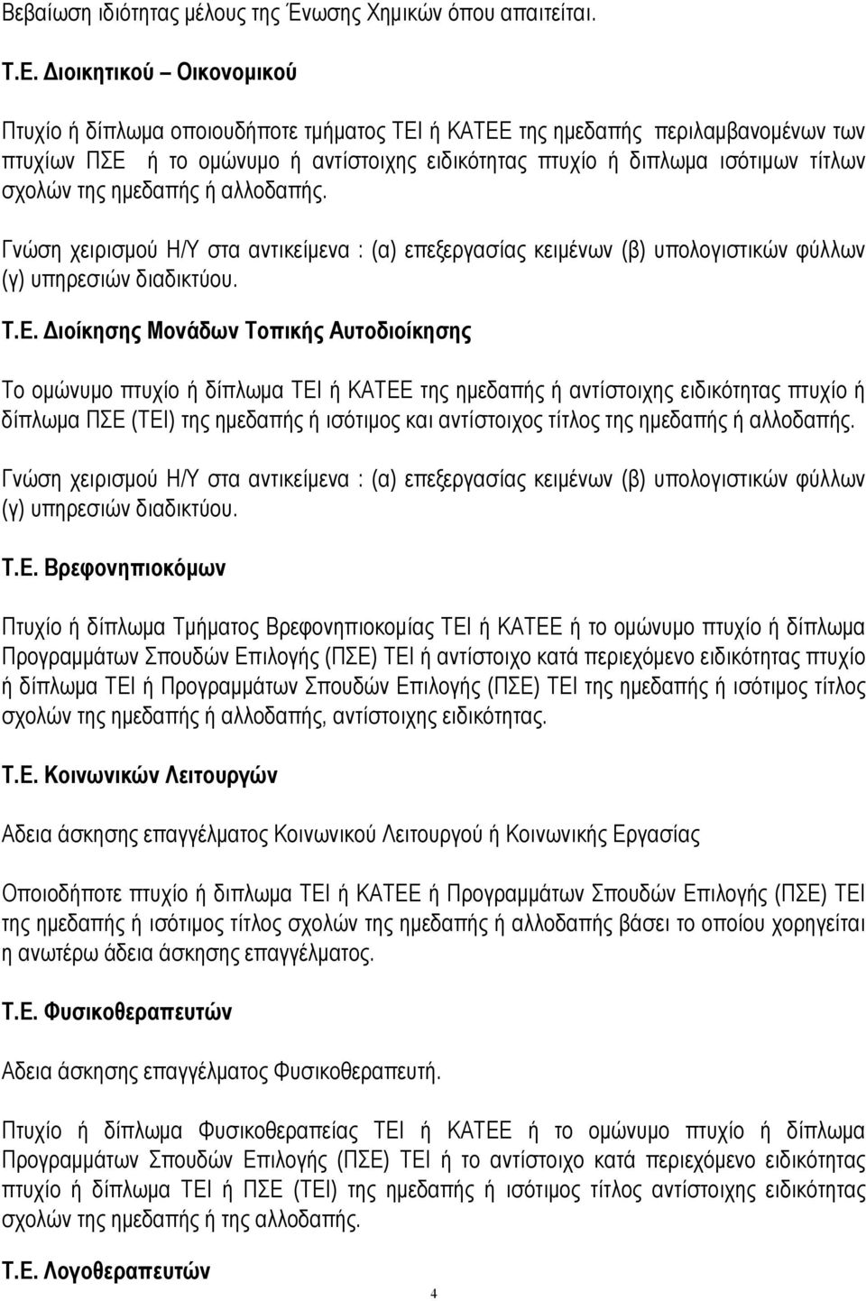 της ημεδαπής ή αλλοδαπής. Γνώση χειρισμού Η/Υ στα αντικείμενα : (α) επεξεργασίας κειμένων (β) υπολογιστικών φύλλων (γ) υπηρεσιών διαδικτύου. Τ.Ε.