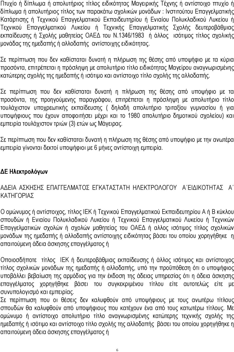 346/983 ή άλλος ισότιμος τίτλος σχολικής μονάδας της ημεδαπής ή αλλοδαπής αντίστοιχης ειδικότητας.