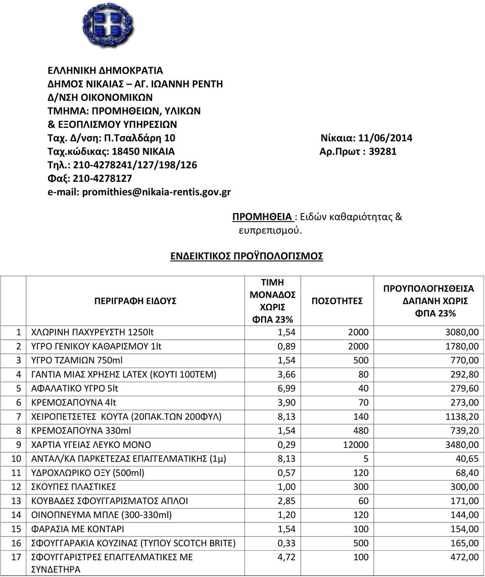 ΕΝΔΕΙΚΤΙΚΟΣ ΠΡΟΫΠΟΛΟΓΙΣΜΟΣ ΤΙΜΗ ΜΟΝΑΔΟΣ XΩΡΙΣ ΦΠΑ 23% ΠΟΣΟΤΗΤΕΣ ΠΡΟΥΠΟΛΟΓΗΣΘΕΙΣΑ ΔΑΠΑΝΗ ΧΩΡΙΣ ΦΠΑ 23% 1 ΧΛΩΡΙΝΗ ΠΑΧΥΡΕΥΣΤΗ 1250lt 1,54 2000 3080,00 2 ΥΓΡΟ ΓΕΝΙΚΟΥ ΚΑΘΑΡΙΣΜΟΥ 1lt 0,89 2000 1780,00 3