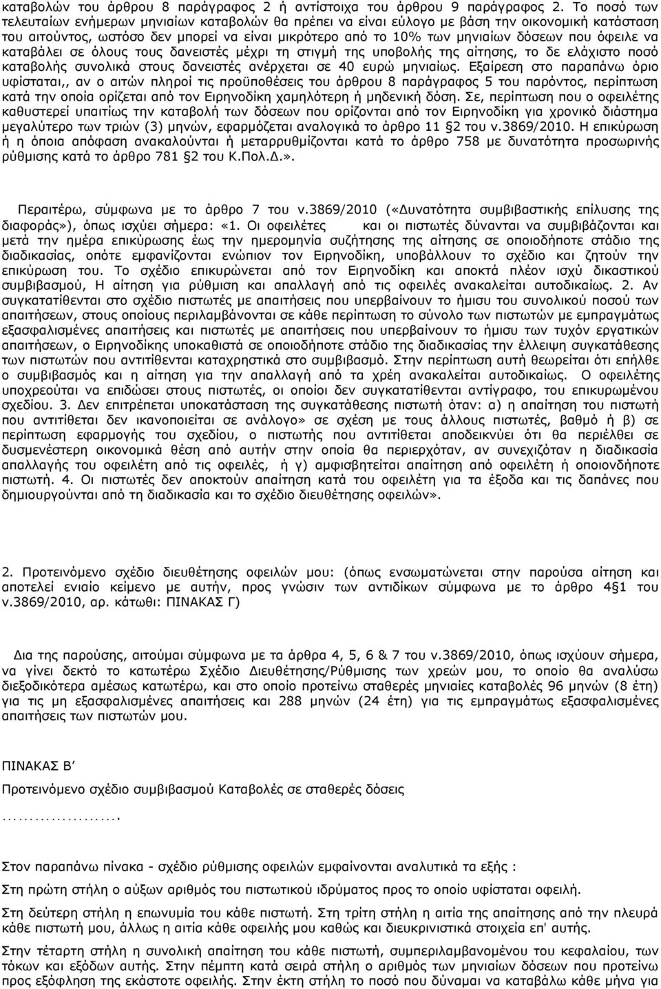 όφειλε να καταβάλει σε όλους τους δανειστές μέχρι τη στιγμή της υποβολής της αίτησης, το δε ελάχιστο ποσό καταβολής συνολικά στους δανειστές ανέρχεται σε 40 ευρώ μηνιαίως.