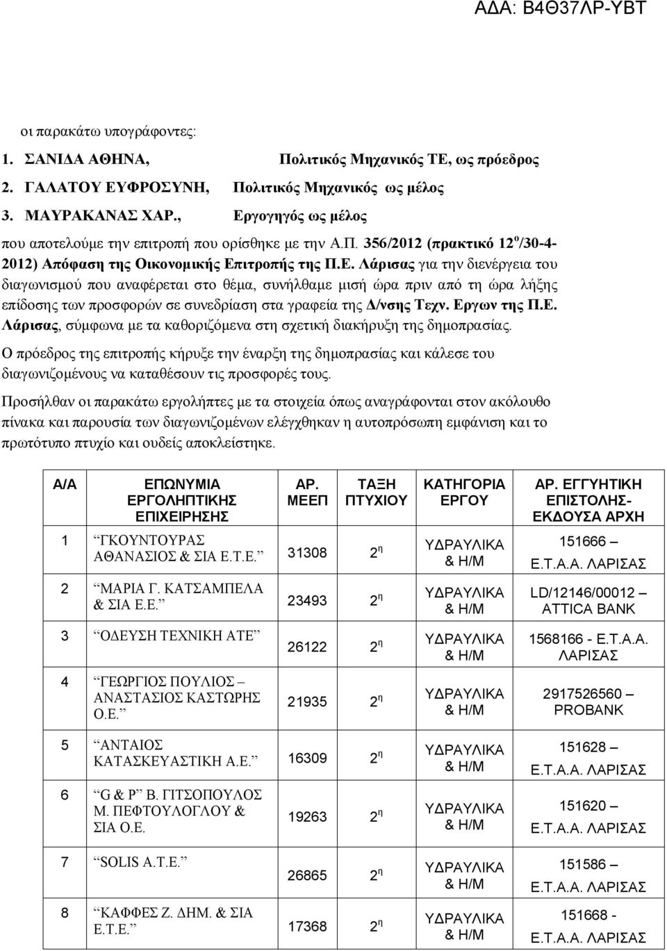 Εργων της Π.Ε. Λάρισας, σύμφωνα με τα καθοριζόμενα στη σχετική διακήρυξη της δημοπρασίας.