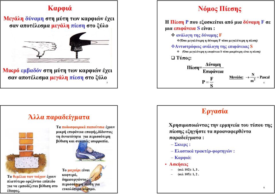 τόσο µικρότερη είναι η πίεση) Τύπος: Πίεση= ύναµη Επιφάνεια P = F S Μονάδα: N m 2 =Pascal 6 Άλλα παραδείγµατα Τα θεµέλια των τοίχων έχουν πλατύτερο οριζόντιο επίπεδο για να εµποδίζεται βύθιση στο