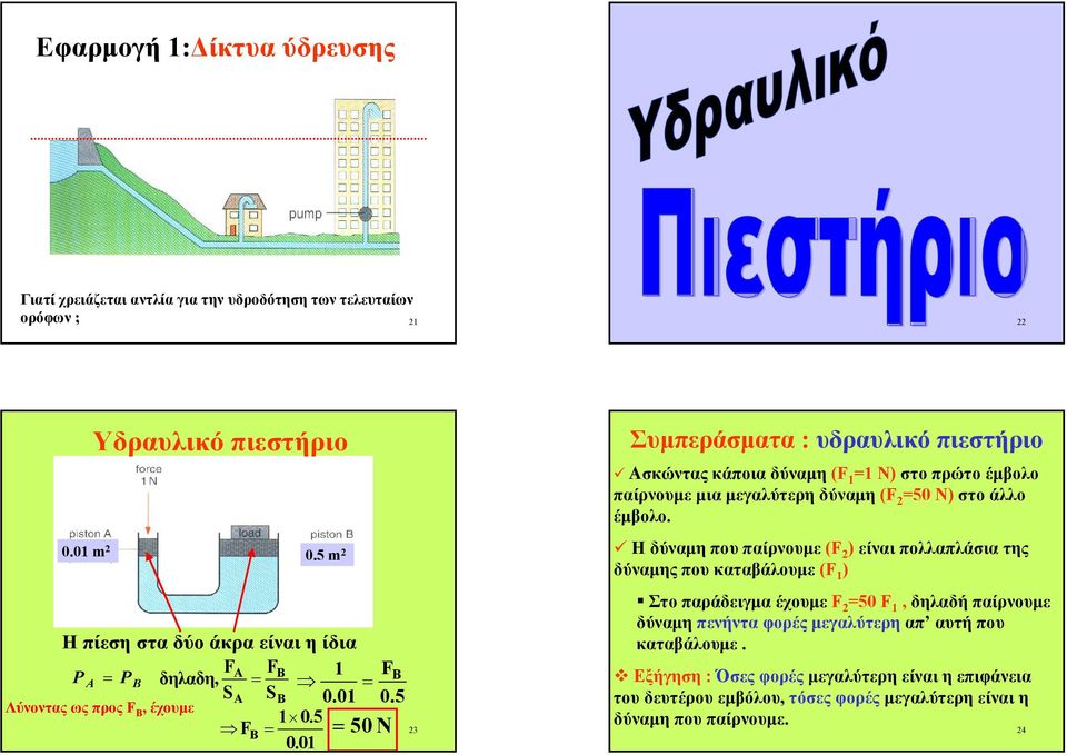 5 m 2 23 Συµπεράσµατα : υδραυλικό πιεστήριο Ασκώντας κάποια δύναµη (F 1 =1 Ν) στο πρώτο έµβολο παίρνουµε µια µεγαλύτερη δύναµη (F 2 =50 Ν) στο άλλο έµβολο.