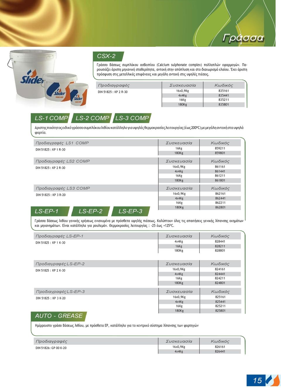 DIN 51825 : KP 2 R-30 16x0,9Kg 835161 4x4Kg 835441 16Kg 835211 180Kg 835801 LS-1 COMP LS-2 COMP LS-3 COMP Αριστης ποιότητος ειδικό γράσσο συμπλόκου λιθίου κατάλληλο για υψηλές θερμοκρασίες