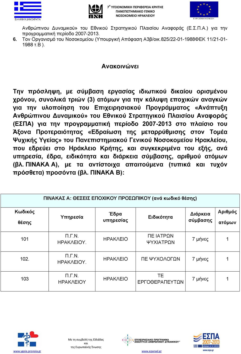 Ανακοινώνει Την πρόσληψη, με σύμβαση εργασίας ιδιωτικού δικαίου ορισμένου χρόνου, συνολικά τριών (3) ατόμων για την κάλυψη εποχικών αναγκών για την υλοποίηση του Επιχειρησιακού Προγράμματος «Ανάπτυξη