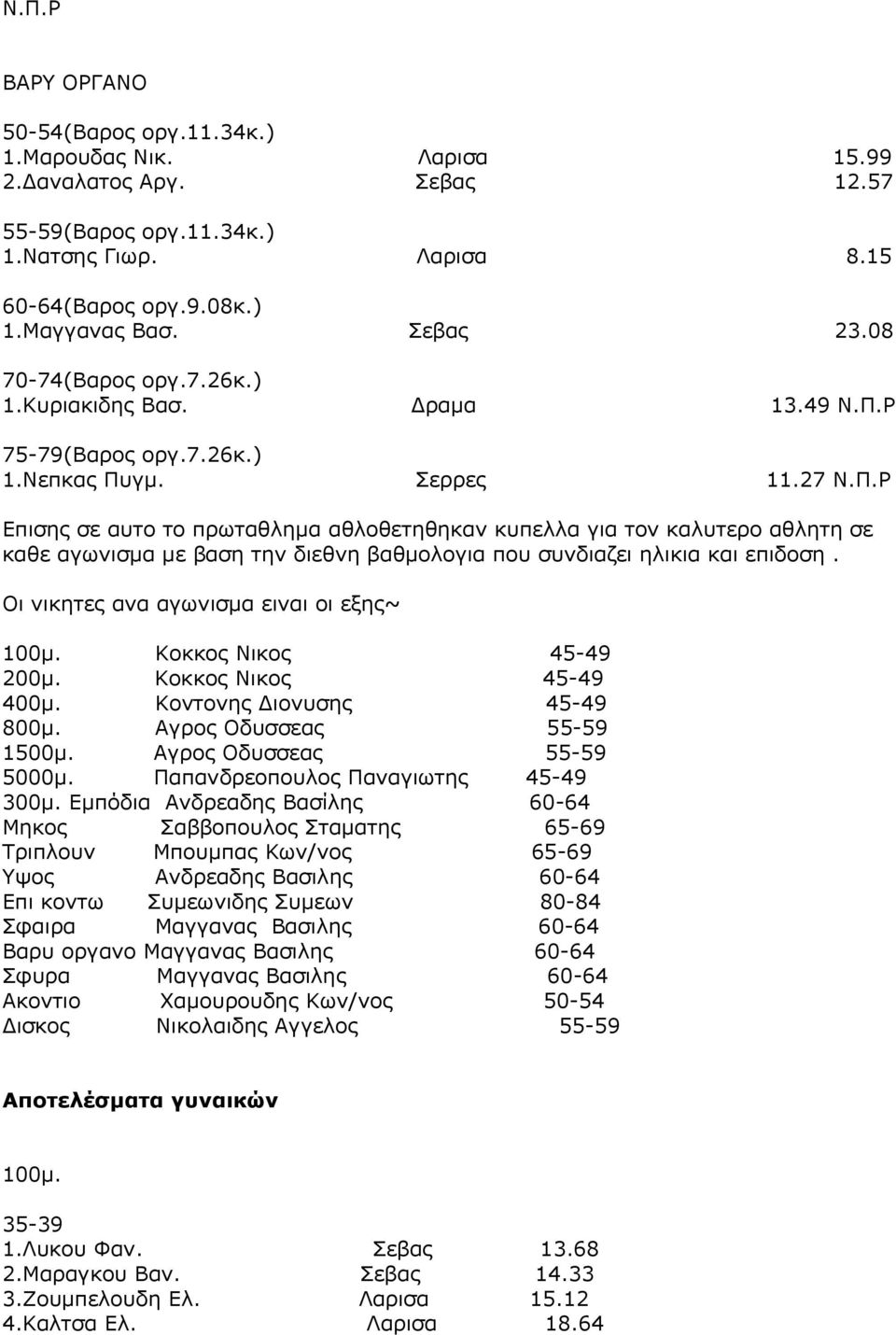 Ρ 75-79(Βαρος οργ.7.26κ.) 1.Νεπκας Πυγμ. Σερρες 11.27 Ν.Π.Ρ Επισης σε αυτο το πρωταθλημα αθλοθετηθηκαν κυπελλα για τον καλυτερο αθλητη σε καθε αγωνισμα με βαση την διεθνη βαθμολογια που συνδιαζει ηλικια και επιδοση.