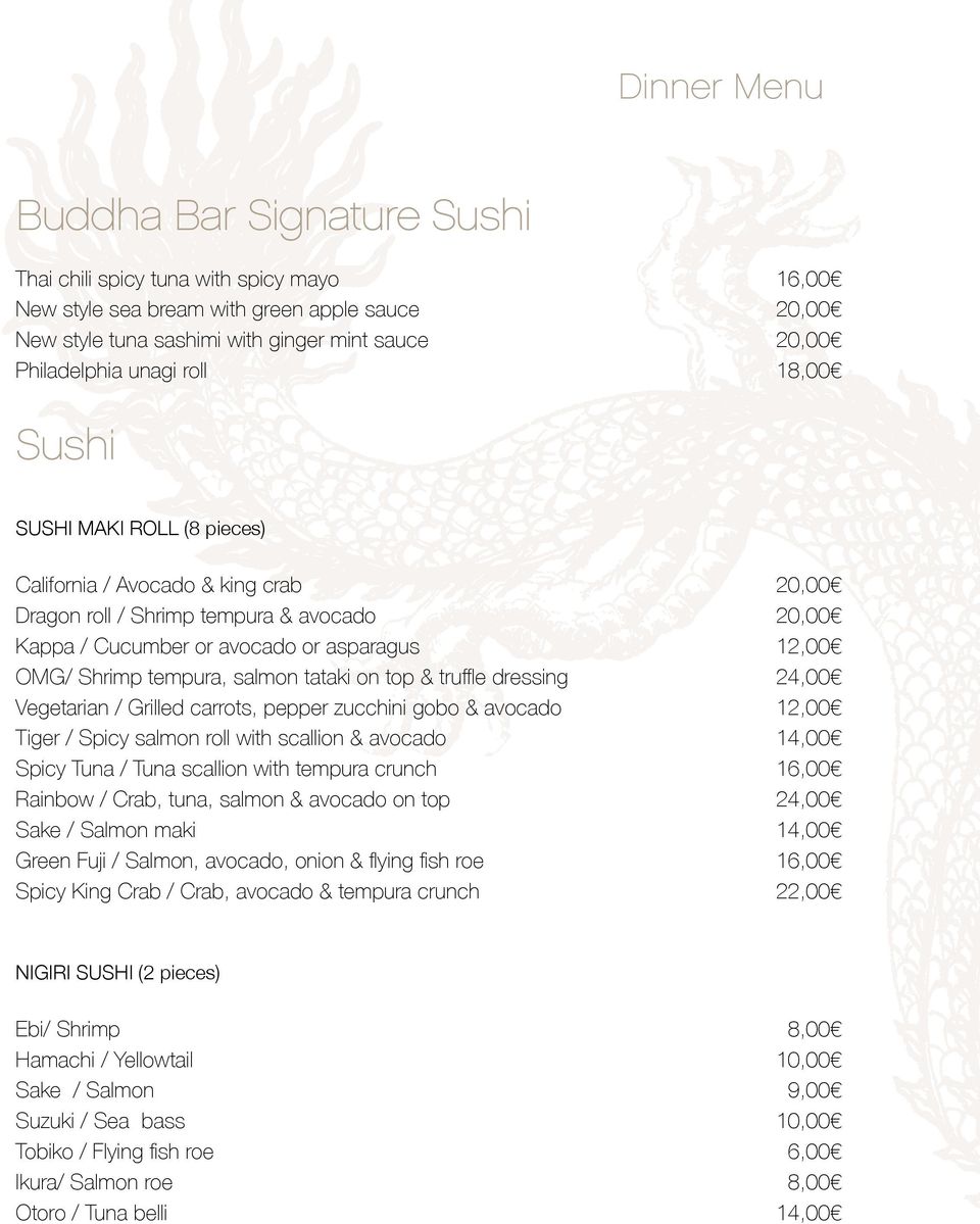 Grilled carrots, pepper zucchini gobo & avocado Tiger / Spicy salmon roll with scallion & avocado Spicy Tuna / Tuna scallion with tempura crunch Rainbow / Crab, tuna, salmon & avocado on top Sake /