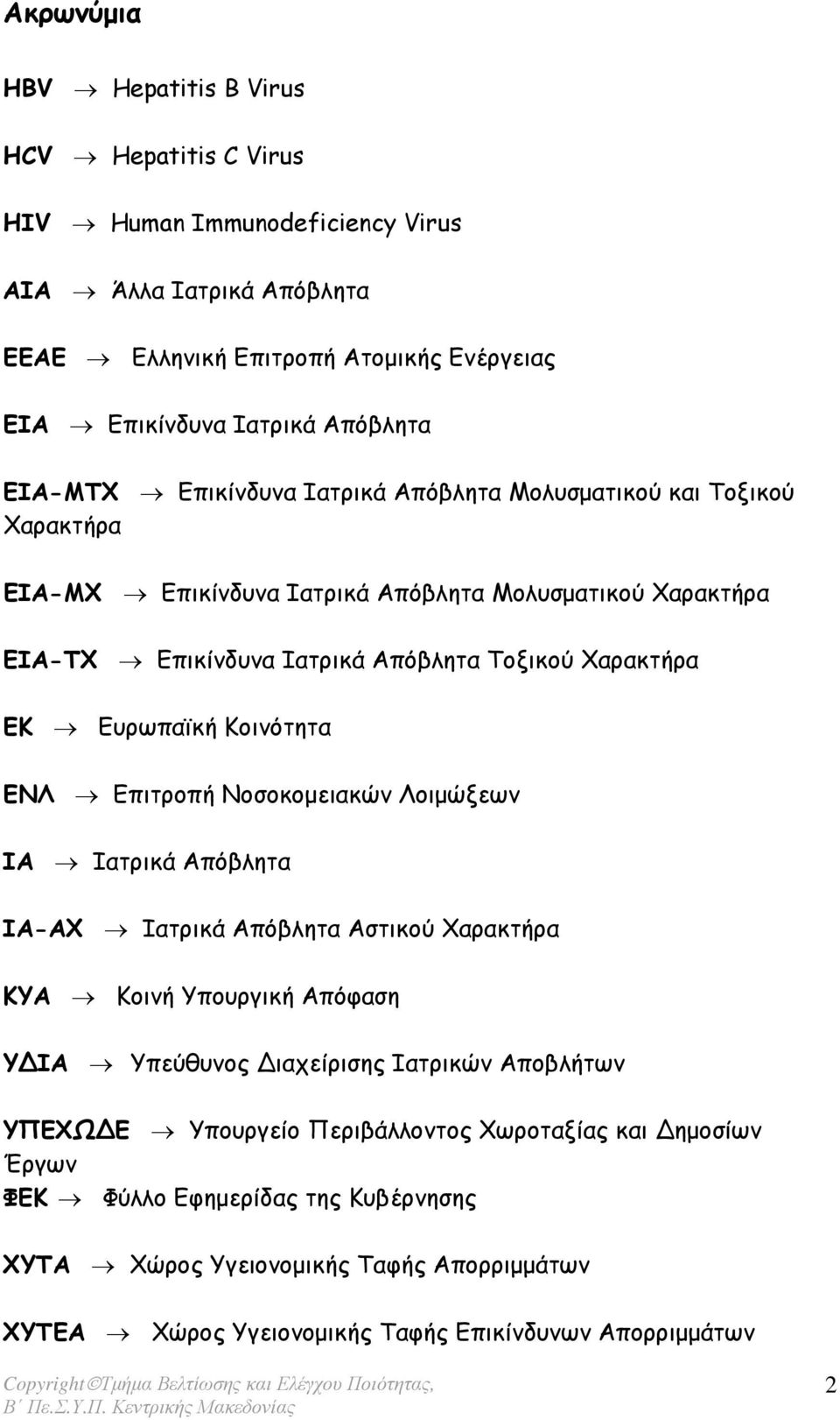 ΕΝΛ Επιτροπή Νοσοκοµειακών Λοιµώξεων ΙΑ Ιατρικά Απόβλητα ΙΑ-ΑΧ Ιατρικά Απόβλητα Αστικού Χαρακτήρα ΚΥΑ Κοινή Υπουργική Απόφαση Υ ΙΑ Υπεύθυνος ιαχείρισης Ιατρικών Αποβλήτων ΥΠΕΧΩ Ε Υπουργείο