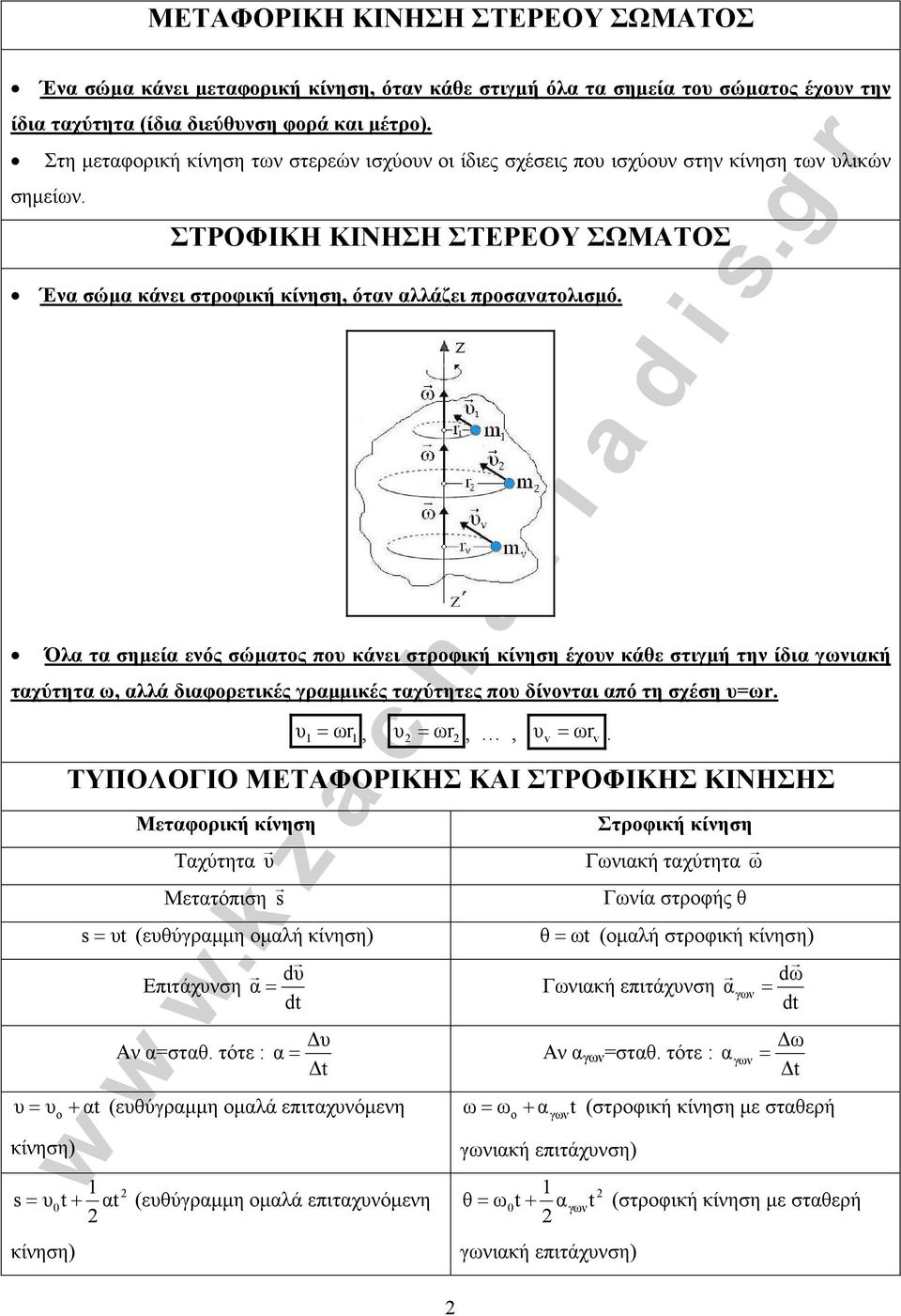 Όλα τα σηµεία ενός σώµατος πο κάνει στροφική κίνηση έχον κάθε στιγµή την ίδια ιακή ταχύτητα ω, αλλά διαφορετικές γραµµικές ταχύτητες πο δίνονται από τη σχέση ωr. ωr, ωr,, ωr.