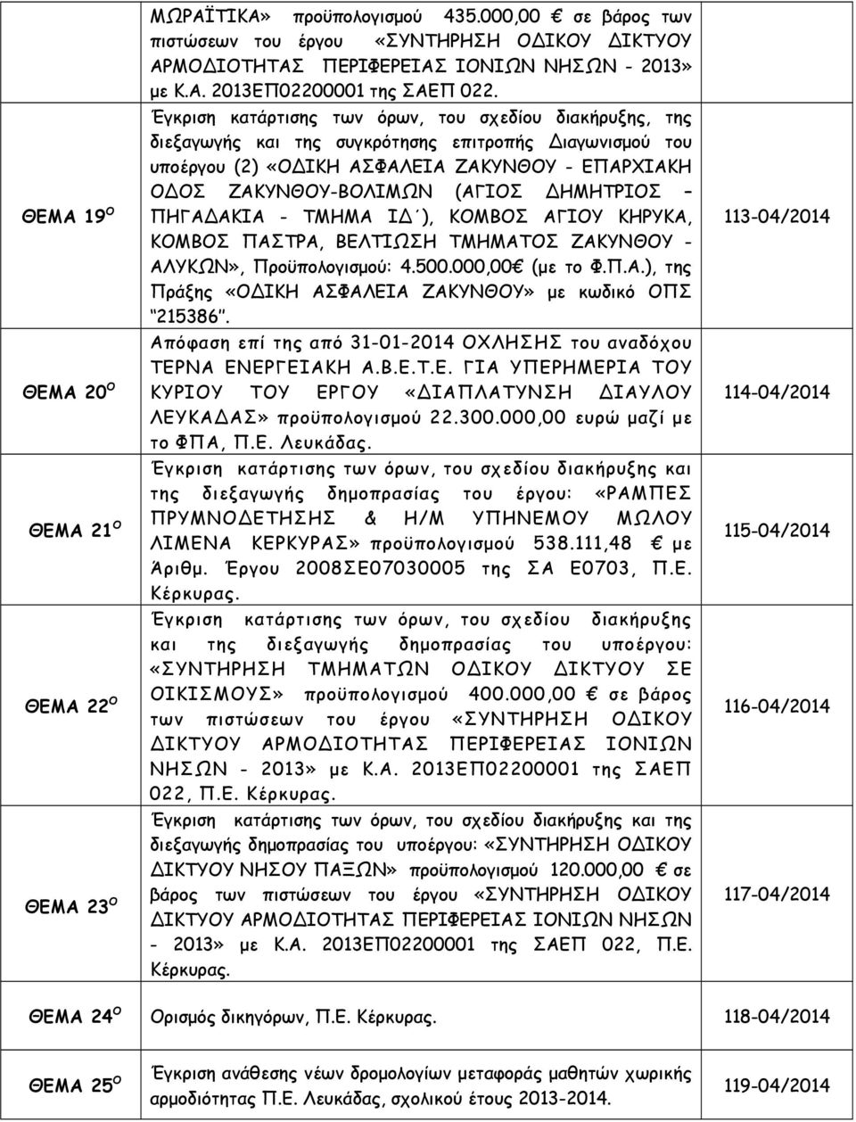 ΔΗΜΗΤΡΙΟΣ ΠΗΓΑΔΑΚΙΑ - ΤΜΗΜΑ ΙΔ ), ΚΟΜΒΟΣ ΑΓΙΟΥ ΚΗΡΥΚΑ, ΚΟΜΒΟΣ ΠΑΣΤΡΑ, ΒΕΛΤΙΩΣΗ ΤΜΗΜΑΤΟΣ ΖΑΚΥΝΘΟΥ - ΑΛΥΚΩΝ», Προϋπολογισμού: 4.500.000,00 (με το Φ.Π.Α.), της Πράξης «ΟΔΙΚΗ ΑΣΦΑΛΕΙΑ ΖΑΚΥΝΘΟΥ» με κωδικό ΟΠΣ 215386.