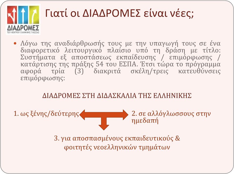 Έτσι τώρα το πρόγραμμα αφορά τρία (3) διακριτά σκέλη/τρεις κατευθύνσεις επιμόρφωσης: ΔΙΑΔΡΟΜΕΣ ΣΤΗ ΔΙΔΑΣΚΑΛΙΑ ΤΗΣ