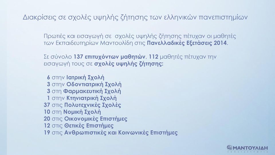 Σε σύνολο 137 επιτυχόντων μαθητών, 112 μαθητές πέτυχαν την εισαγωγή τους σε σχολές υψηλής ζήτησης: 6 στην Ιατρική Σχολή 3 στην