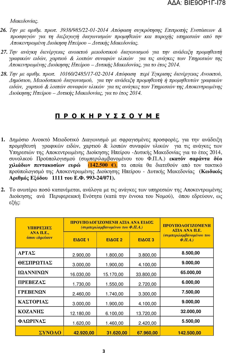 Την ανάγκη διενέργειας ανοικτού µειοδοτικού διαγωνισµού για την ανάδειξη προµηθευτή γραφικών ειδών, χαρτιού & λοιπών συναφών υλικών για τις ανάγκες των Υπηρεσιών της Αποκεντρωµένης ιοίκησης Ηπείρου