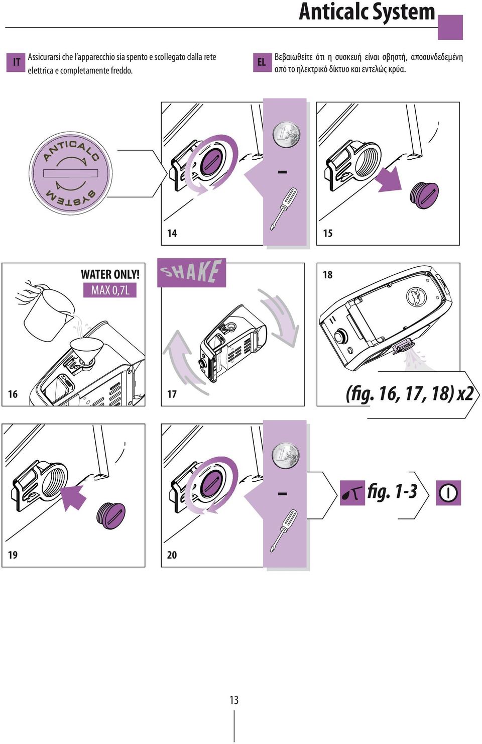 MAX 0,7L 16 Βεβαιωθείτε ότι η συσκευή είναι σβηστή, αποσυνδεδεμένη από