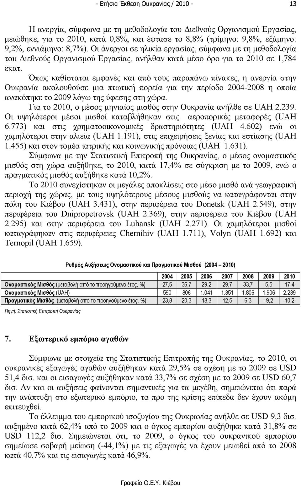 Όπως καθίσταται εµφανές και από τους παραπάνω πίνακες, η ανεργία στην Ουκρανία ακολουθούσε µια πτωτική πορεία για την περίοδο 2004-2008 η οποία ανακόπηκε το 2009 λόγω της ύφεσης στη χώρα.