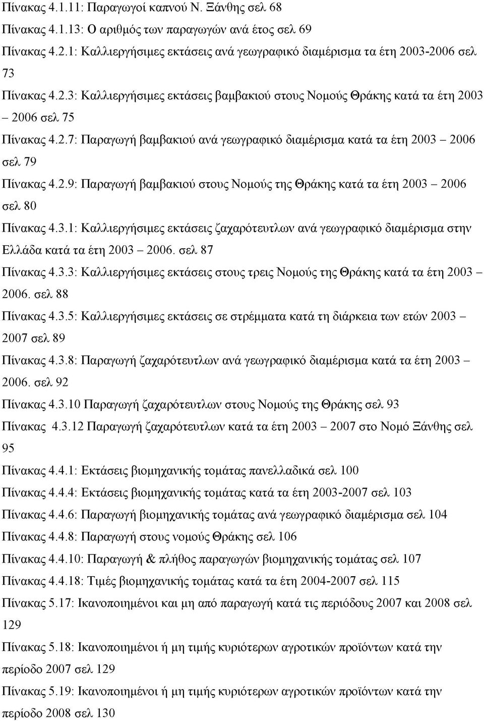 2.9: Παραγωγή βαμβακιού στους Νομούς της Θράκης κατά τα έτη 2003-2006 σελ 80 Πίνακας 4.3.1: Καλλιεργήσιμες εκτάσεις ζαχαρότευτλων ανά γεωγραφικό διαμέρισμα στην Ελλάδα κατά τα έτη 2003-2006.