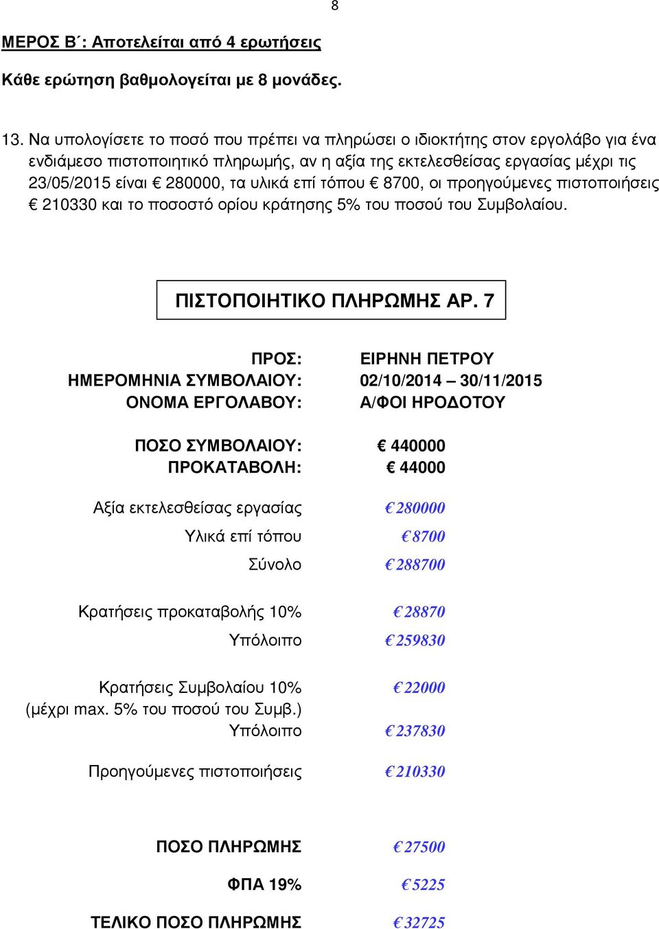 τόπου 8700, οι προηγούμενες πιστοποιήσεις 210330 και το ποσοστό ορίου κράτησης 5% του ποσού του Συμβολαίου. ΠΙΣΤΟΠΟΙΗΤΙΚΟ ΠΛΗΡΩΜΗΣ ΑΡ.