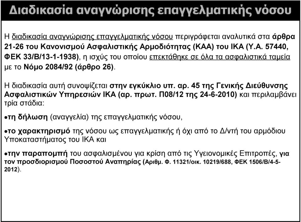 Η διαδικασία αυτή συνοψίζεται στην εγκύκλιο υπ. αρ. 45 της Γενικής Διεύθυνσης Ασφαλιστικών Υπηρεσιών ΙΚΑ (αρ. πρωτ.