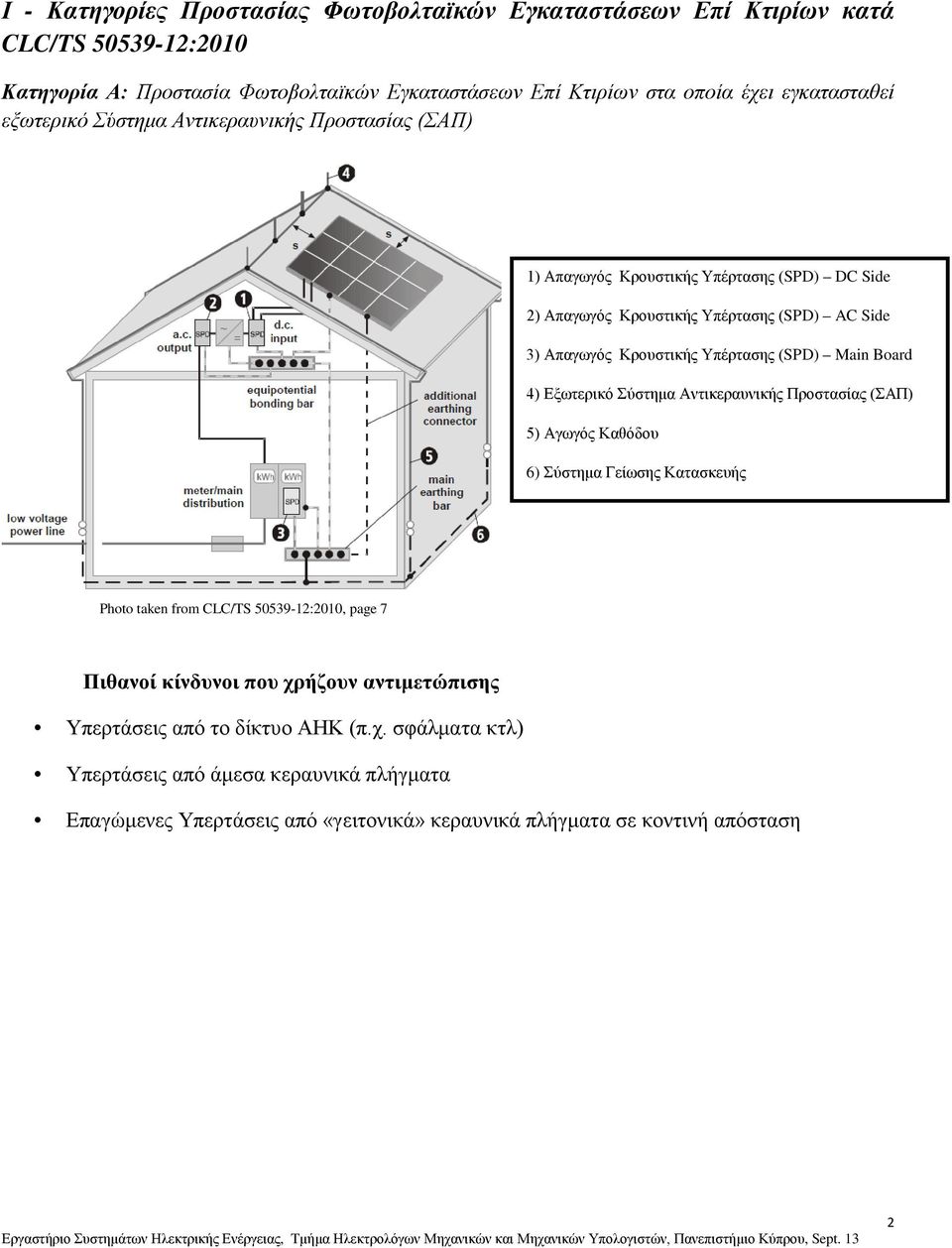 Main Board 4) Εξωτερικό Σύστημα Αντικεραυνικής Προστασίας (ΣΑΠ) 5) Αγωγός Καθόδου 6) Σύστημα Γείωσης Κατασκευής Photo taken from CC/TS 50539-12:2010, page 7 Πιθανοί κίνδυνοι που
