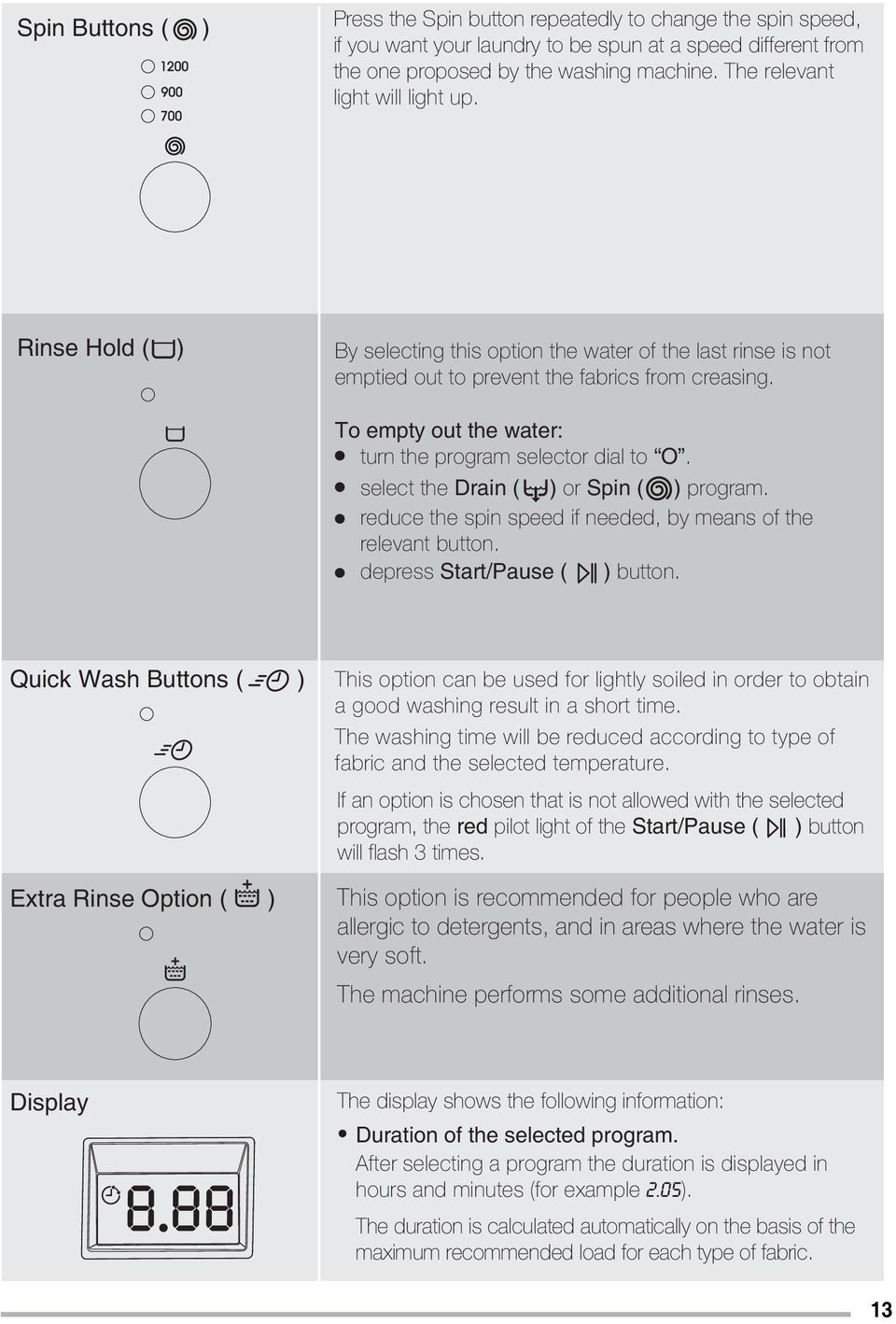To empty out the water: turn the program selector dial to O. select the Drain ( ) or Spin ( ) program. reduce the spin speed if needed, by means of the relevant button. depress Start/Pause ( ) button.