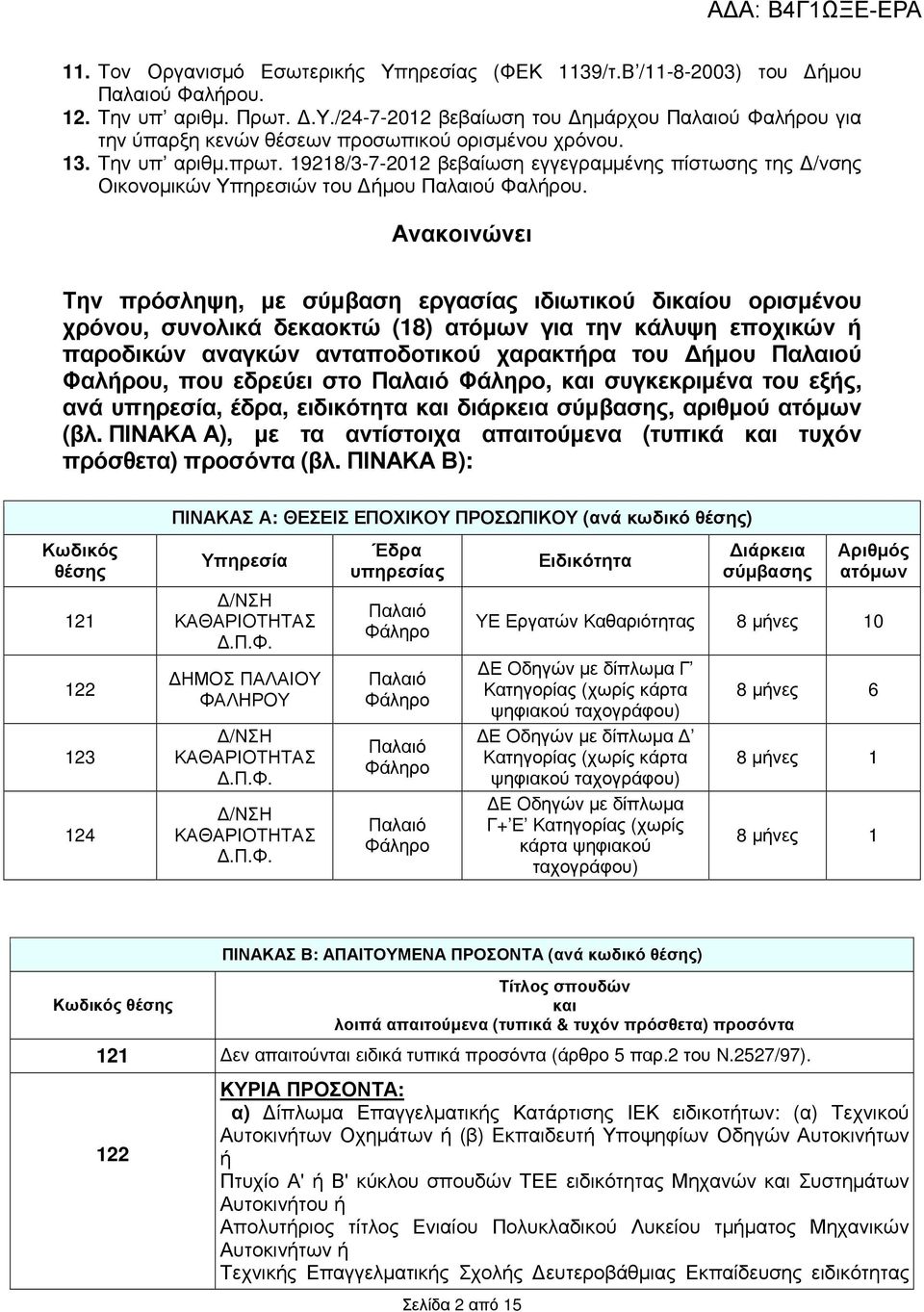 Ανακοινώνει Την πρόσληψη, µε σύµβαση εργασίας ιδιωτικού δικαίου ορισµένου χρόνου, συνολικά δεκαοκτώ (18) ατόµων για την κάλυψη εποχικών ή παροδικών αναγκών ανταποδοτικού χαρακτήρα του ήµου Παλαιού