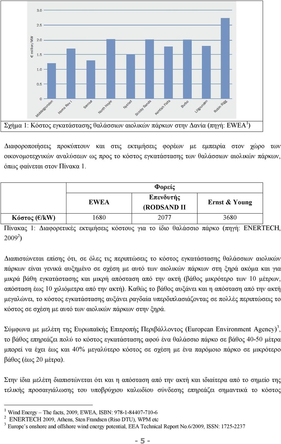 Φορείς EWEA Επενδυτής (RODSAND II Ernst & Young Κόστος ( /kw) 1680 2077 3680 Πίνακας 1: Διαφορετικές εκτιμήσεις κόστους για το ίδιο θαλάσσιο πάρκο (πηγή: ENERTECH, 2009 2 ) Διαπιστώνεται επίσης ότι,