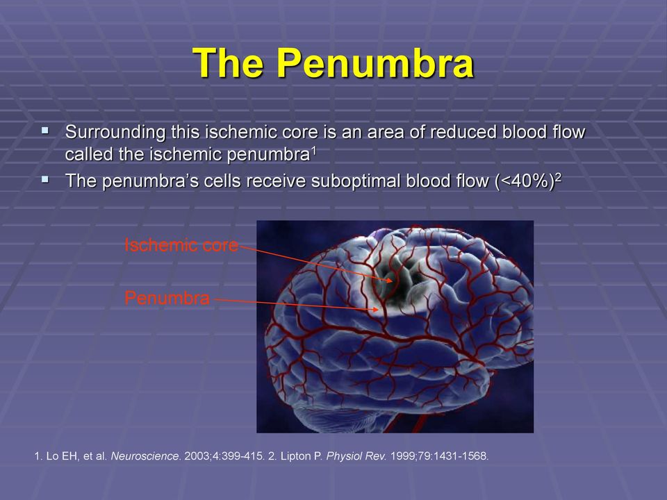 suboptimal blood flow (<40%) 2 Ischemic core Penumbra 1. Lo EH, et al.