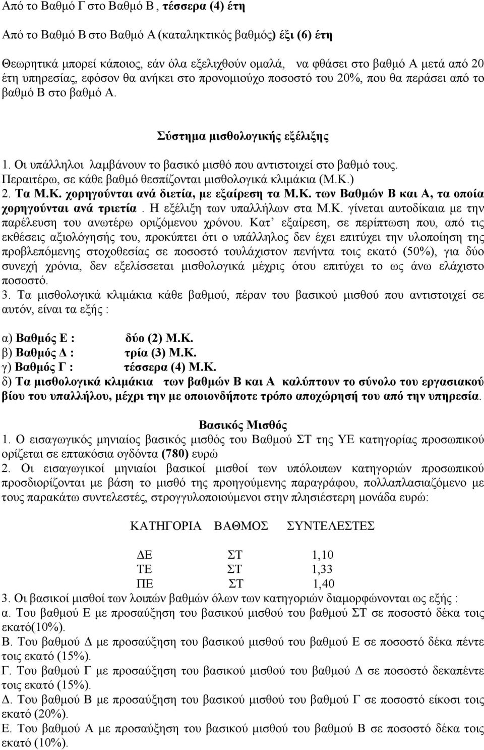 Οι υπάλληλοι λαμβάνουν το βασικό μισθό που αντιστοιχεί στο βαθμό τους. Περαιτέρω, σε κάθε βαθμό θεσπίζονται μισθολογικά κλιμάκια (Μ.Κ.) 2. Τα Μ.Κ. χορηγούνται ανά διετία, με εξαίρεση τα Μ.Κ. των Βαθμών Β και Α, τα οποία χορηγούνται ανά τριετία.