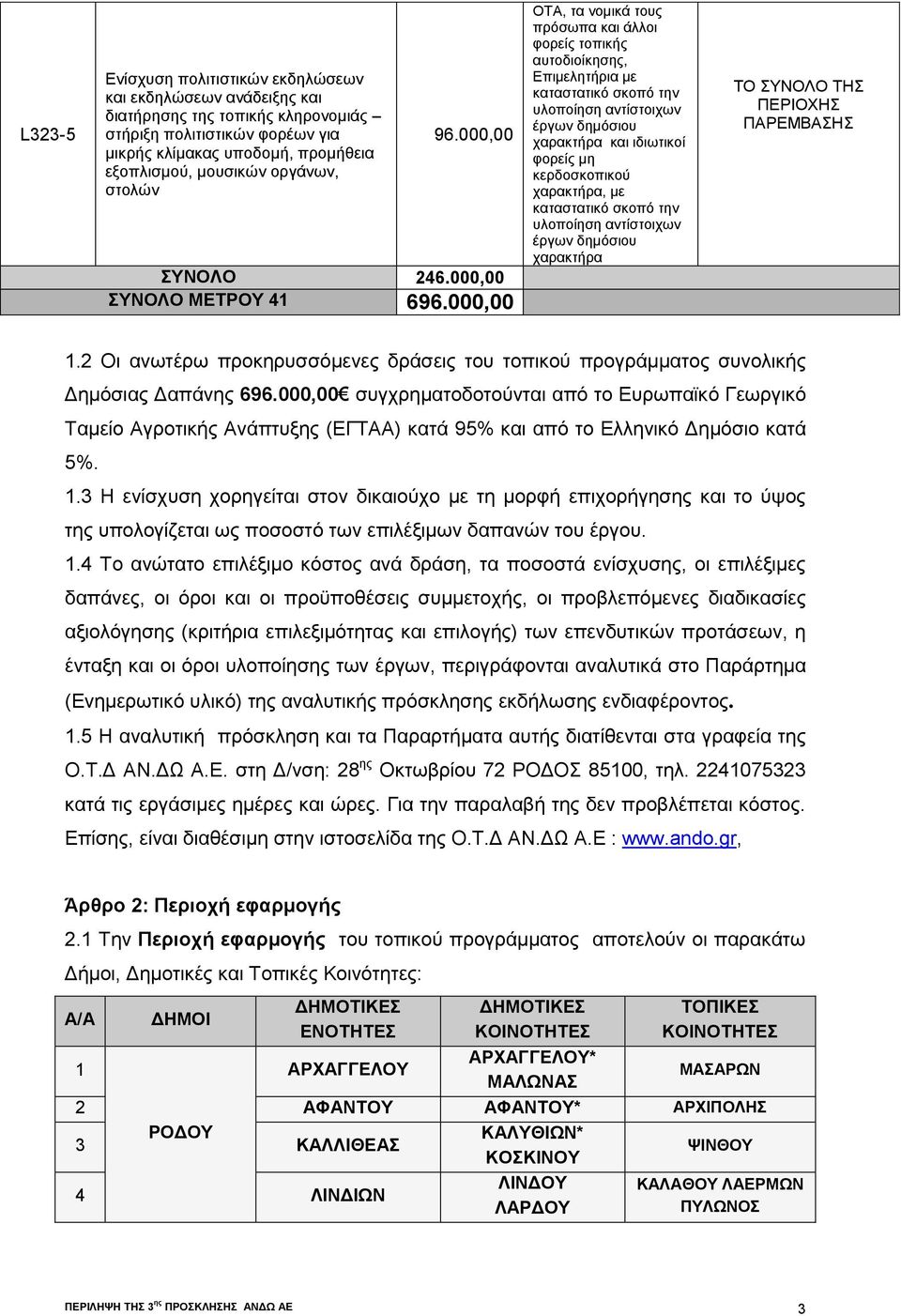 000,00 συγχρηματοδοτούνται από το Ευρωπαϊκό Γεωργικό Ταμείο Αγροτικής Ανάπτυξης (ΕΓΤΑΑ) κατά 95% και από το Ελληνικό Δημόσιο κατά 5%. 1.