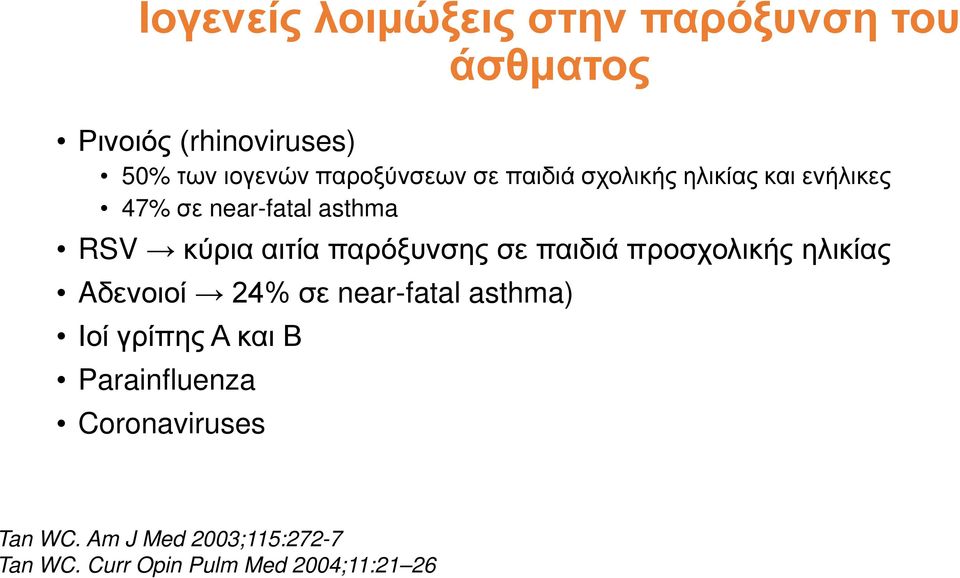 παρόξυνσης σε παιδιά προσχολικής ηλικίας Aδενοιοί 24% σε near-fatal asthma) Ιοί γρίπης Α και