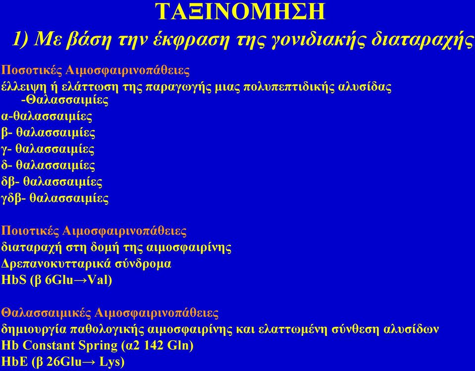 θαλασσαιμίες Ποιοτικές Αιμοσφαιρινοπάθειες διαταραχή στη δομή της αιμοσφαιρίνης Δρεπανοκυτταρικά σύνδρομα HbS (β 6Glu Val)