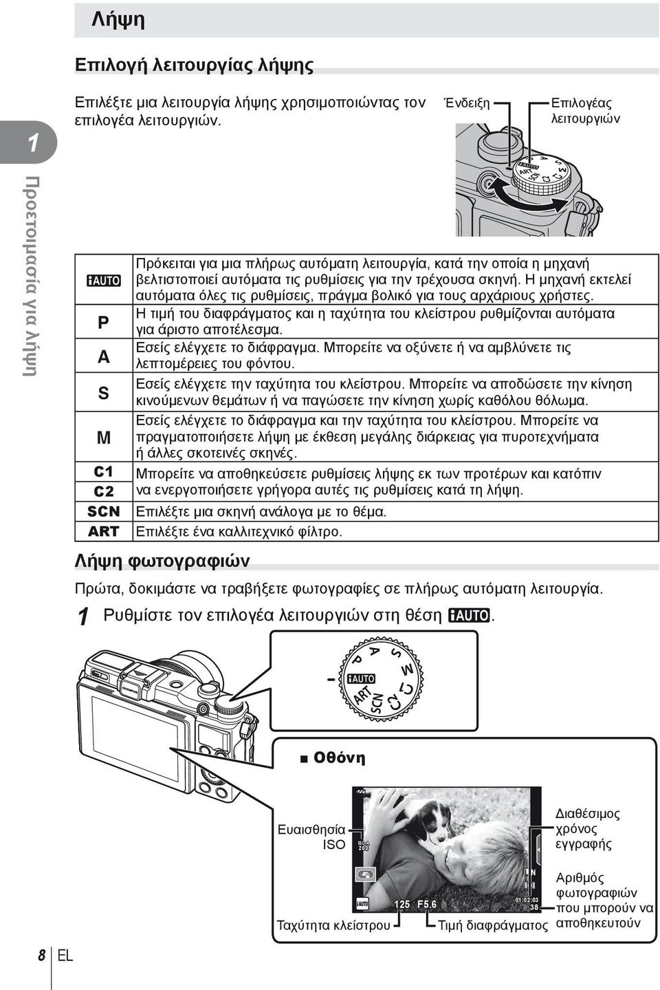 σκηνή. Η μηχανή εκτελεί αυτόματα όλες τις ρυθμίσεις, πράγμα βολικό για τους αρχάριους χρήστες. Η τιμή του διαφράγματος και η ταχύτητα του κλείστρου ρυθμίζονται αυτόματα για άριστο αποτέλεσμα.