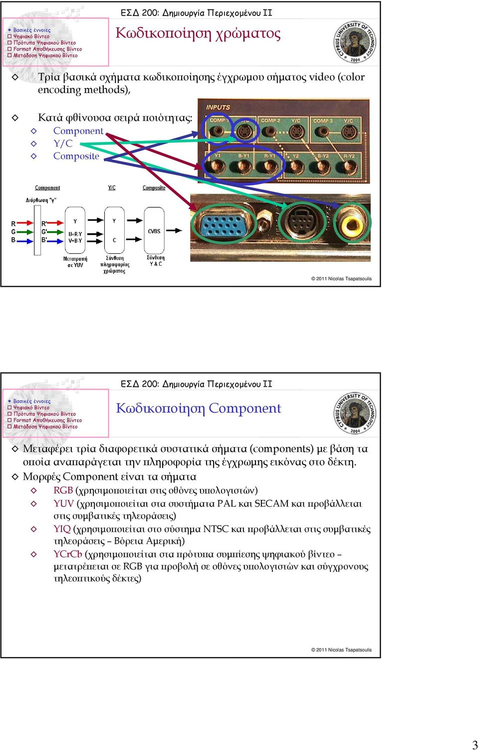 Μορφές Component είναι τα σήματα RGB (χρησιμοποιείται στις οθόνες υπολογιστών) YUV (χρησιμοποιείται στα συστήματα PAL και SECAM και προβάλλεται στις συμβατικές τηλεοράσεις) YIQ