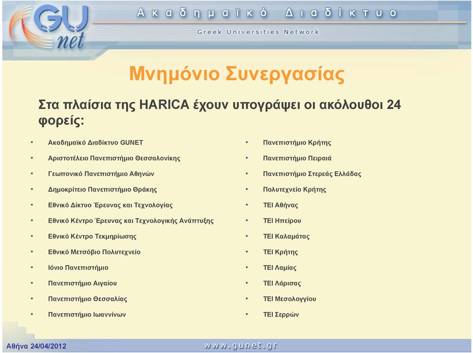 Τεκμηρίωσης Εθνικό Μετσόβιο Πολυτεχνείο Ιόνιο Πανεπιστήμιο Πανεπιστήμιο Αιγαίου Πανεπιστήμιο Θεσσαλίας Πανεπιστήμιο Ιωαννίνων Πανεπιστήμιο Κρήτης Πανεπιστήμιο