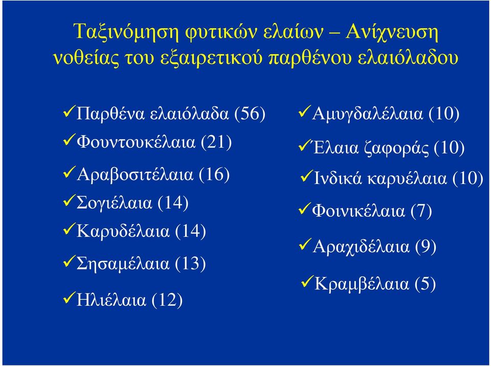 Σογιέλαια (14) Καρυδέλαια (14) Σησαµέλαια (13) Ηλιέλαια (12) Αµυγδαλέλαια