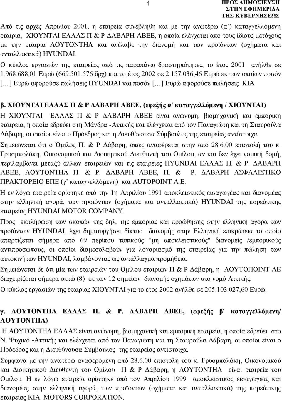 501.576 δρχ) και το έτος 2002 σε 2.157.036,46 Ευρώ εκ των οποίων ποσόν [ ] Ευρώ αφορούσε πωλήσεις HYUNDAI και ποσόν [ ] Ευρώ αφορούσε πωλήσεις ΚΙΑ. β.