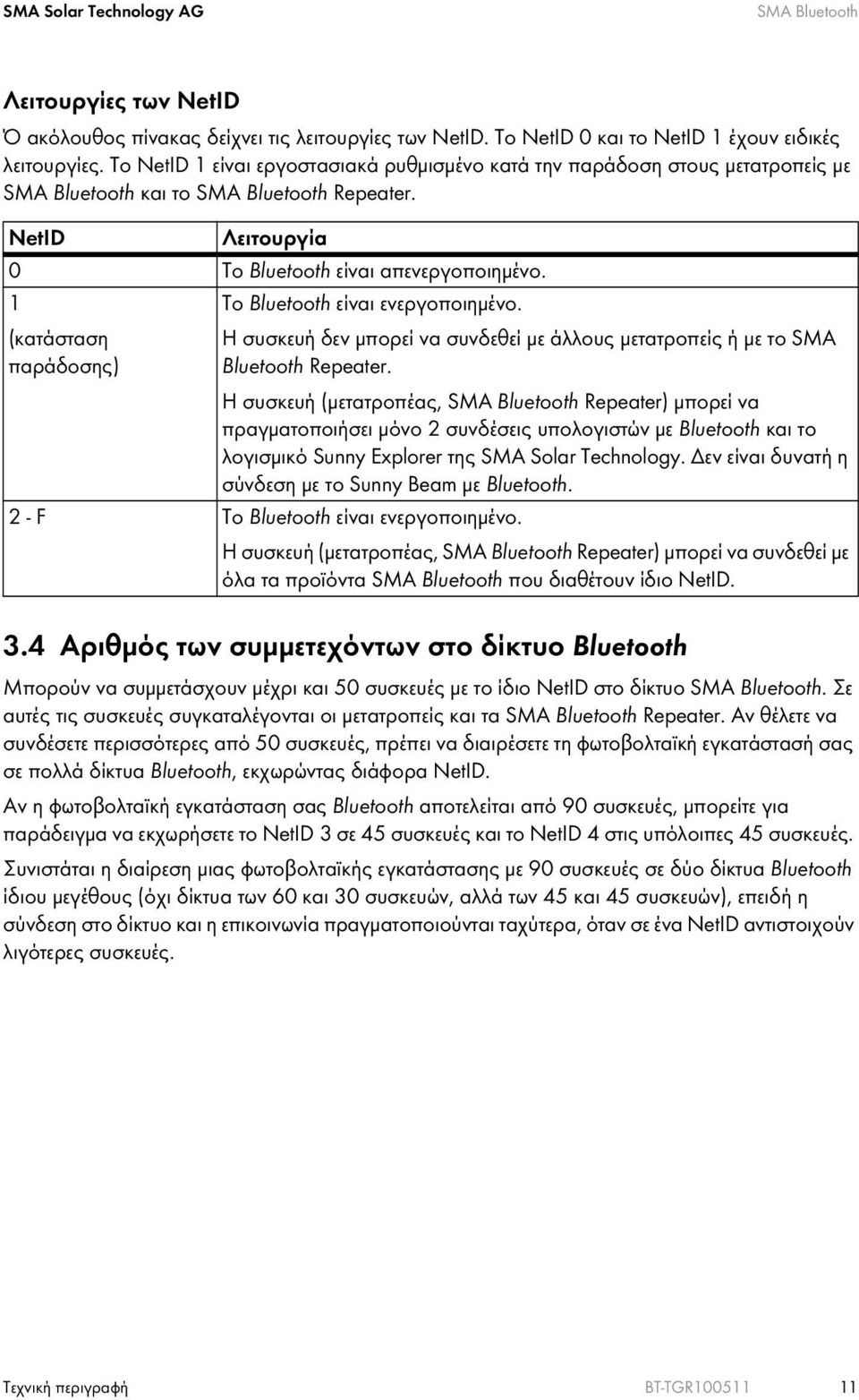 1 Το Bluetooth είναι ενεργοποιημένο. (κατάσταση παράδοσης) Η συσκευή δεν μπορεί να συνδεθεί με άλλους μετατροπείς ή με το SMA Bluetooth Repeater.