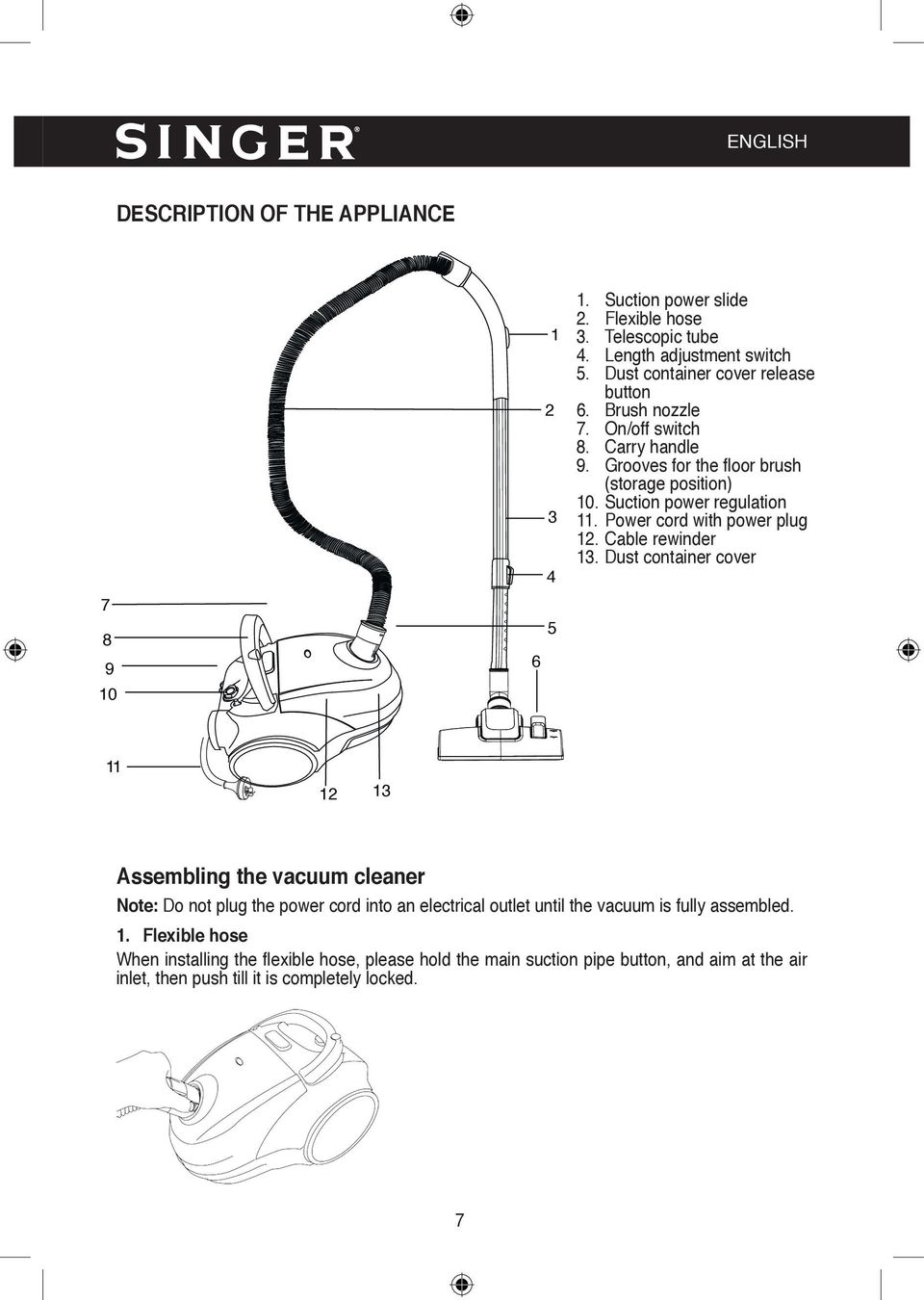 Power cord with power plug 12. Cable rewinder 13.