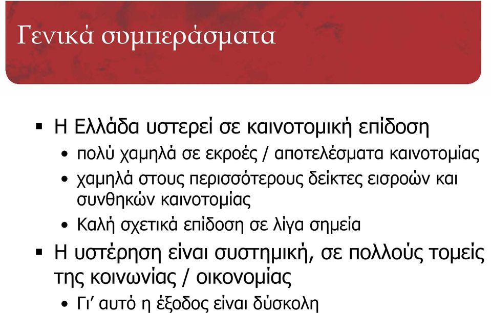 και συνθηκών καινοτομίας Καλή σχετικά επίδοση σε λίγα σημεία Η υστέρηση είναι