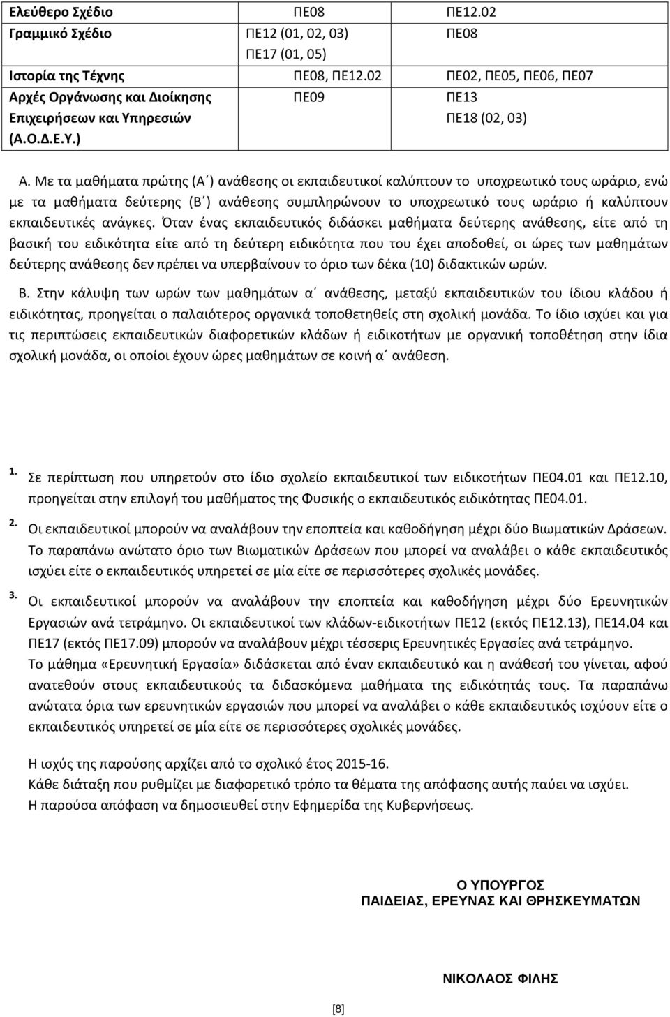Με τα μαθήματα πρώτης (Α ) ανάθεσης οι εκπαιδευτικοί καλύπτουν το υποχρεωτικό τους ωράριο, ενώ με τα μαθήματα δεύτερης (Β ) ανάθεσης συμπληρώνουν το υποχρεωτικό τους ωράριο ή καλύπτουν εκπαιδευτικές