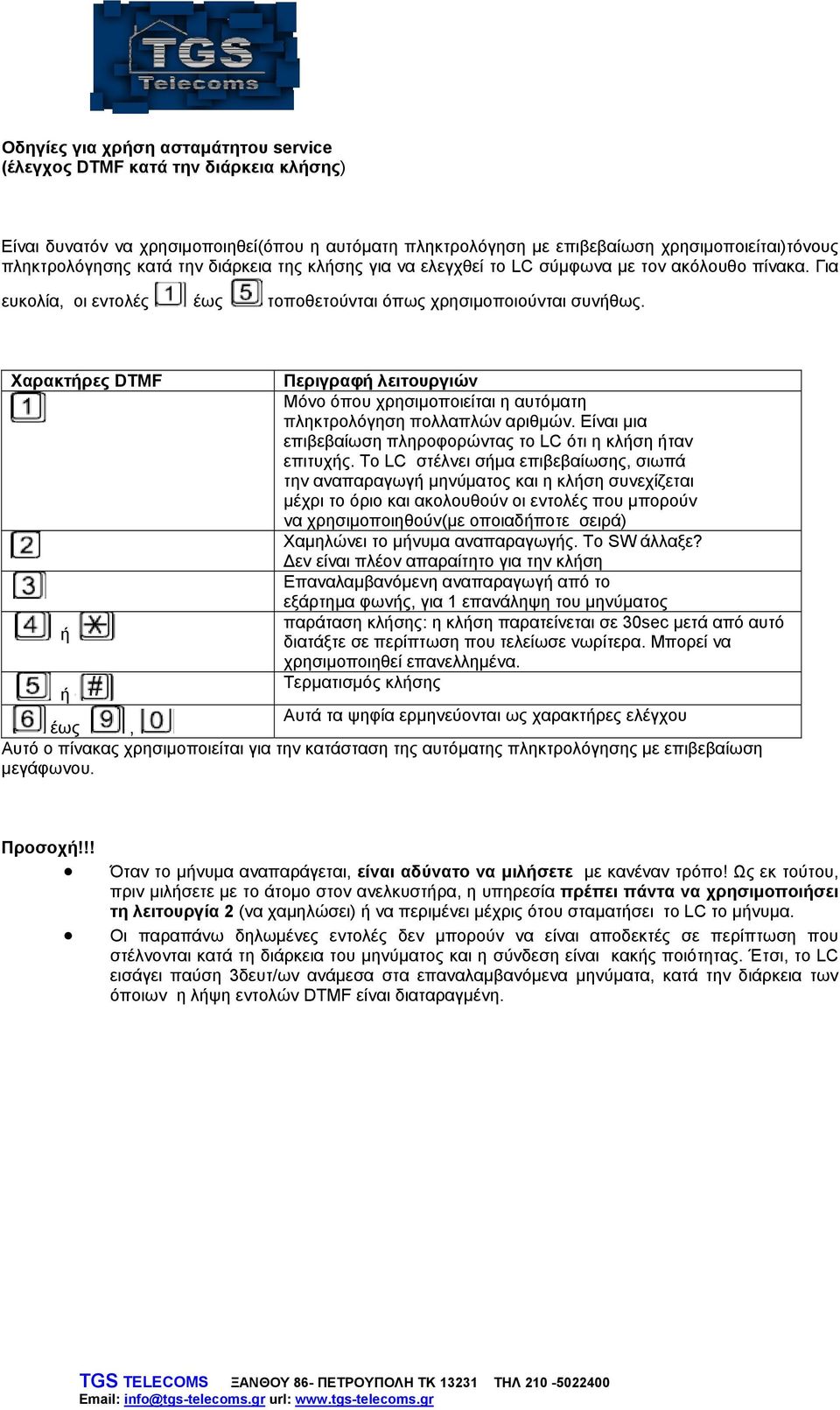 Χαρακτήρες DTMF Περιγραφή λειτουργιών Μόνο όπου χρησιμοποιείται η αυτόματη πληκτρολόγηση πολλαπλών αριθμών. Είναι μια επιβεβαίωση πληροφορώντας το LC ότι η κλήση ήταν επιτυχής.