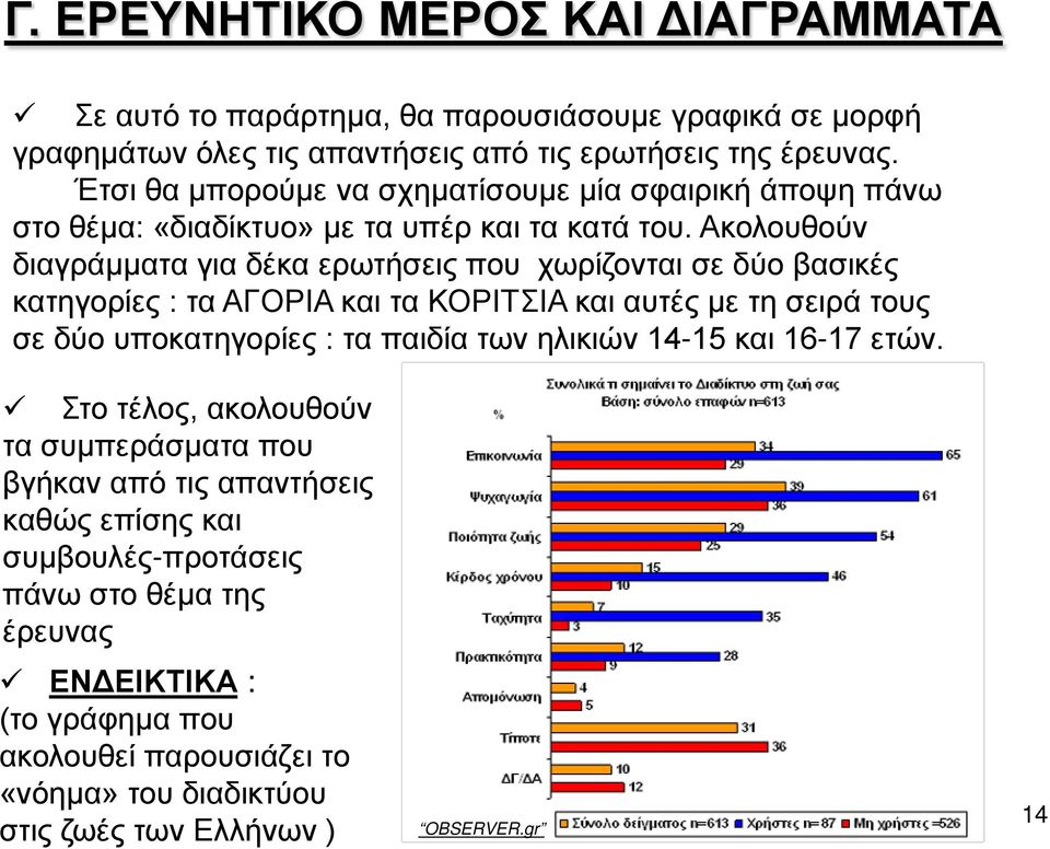 Ακολουθούν διαγράμματα για δέκα ερωτήσεις που χωρίζονται σε δύο βασικές κατηγορίες : τα ΑΓΟΡΙΑ και τα ΚΟΡΙΤΣΙΑ και αυτές με τη σειρά τους σε δύο υποκατηγορίες : τα παιδία των